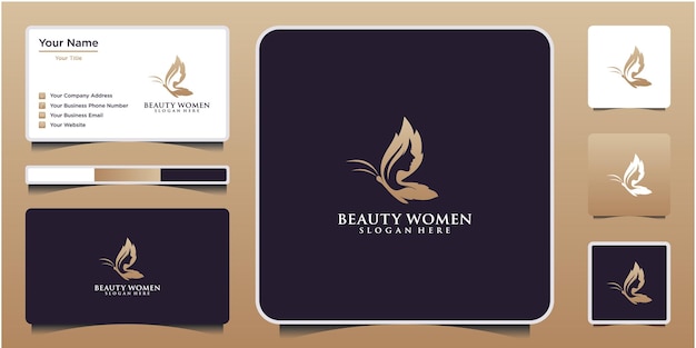 Beauty butterfly with women face logo design and business card template.