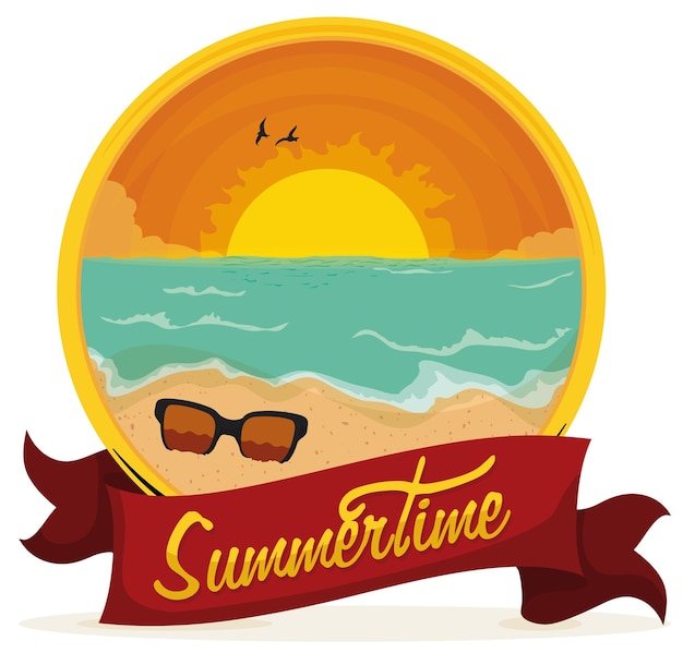 Beauty button with seascape view decorated with sunglasses at sunset with Summertime ribbon