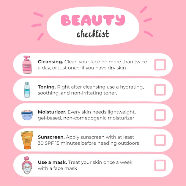 Beauty checklist or habit tracker about skin care with cute hand drawn vector illustrations