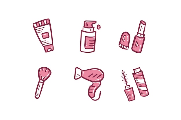 Beauty cosmetic collection doodle icon illustration hand drawn linear color