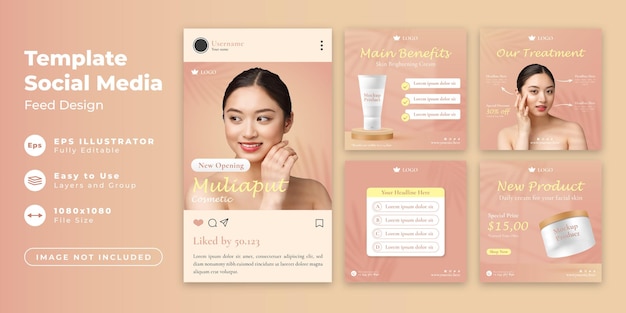 Beauty cosmetic social media post template with mockup bundle banner set