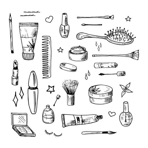 Vector beauty doodle set. collection of hand drawn beauty, makeup and cosmetics icons and objects. sketch design elements. isolated vector illustrations on a white background.