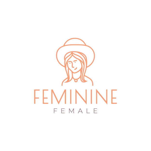 Beauty face feminine girl with hat beach summer holidays line logo design vector icon illustration