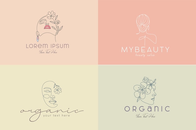 Beauty face woman with flowers line art logo set