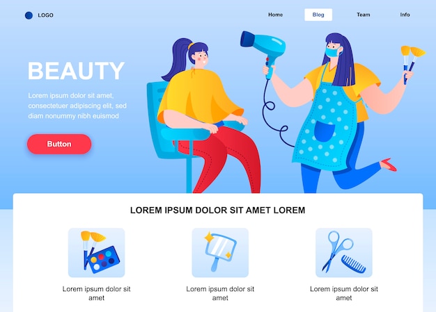 Beauty flat landing page. Hairdresser makes hairstyle for young woman in beauty salon web page.