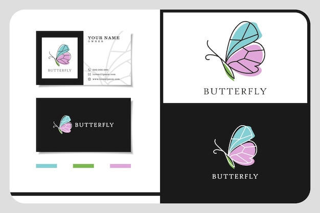 Beauty Flying Butterfly Logo with simple minimalist line art monoline style business card