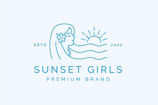 Beauty girl mermaid logo with wave and sunset logo