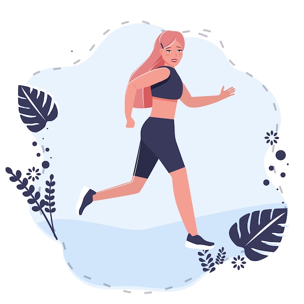 Beauty girl in sportswear runner, jogging, sportive walking. Cartoon flat style vector illustration on white