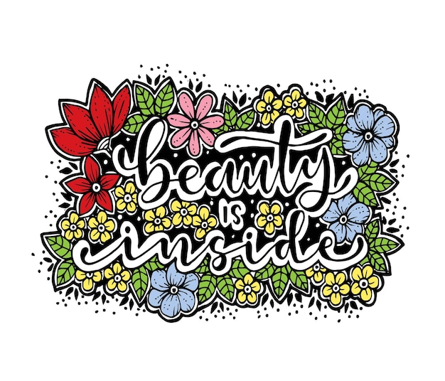 Beauty is inside hand lettering with flowers backgraound