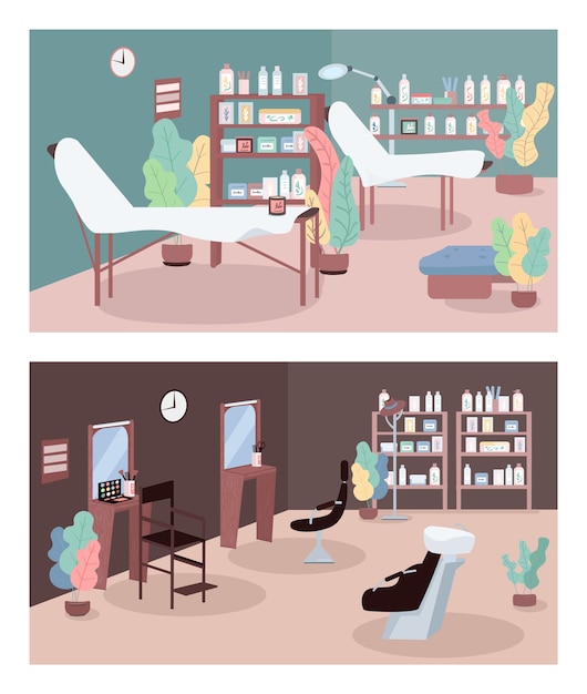 Beauty parlor flat color illustration set. Skincare center