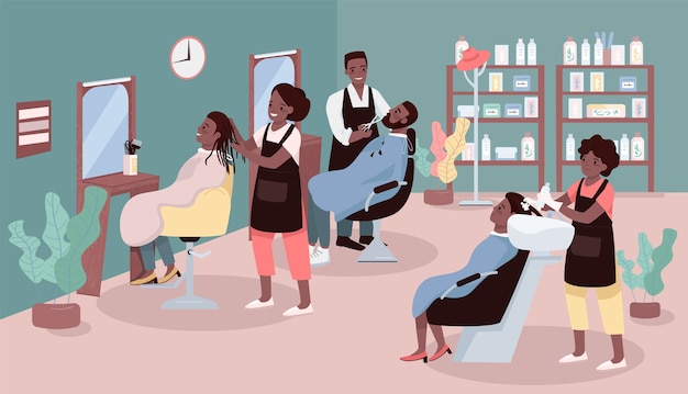 Vector beauty parlor flat color . women and men haircut service. beauty salon with african american hairdressers 2d cartoon characters with furniture on background