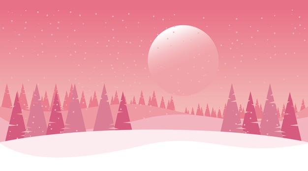 beauty pink winter landscape with sun and pines trees  illustration 