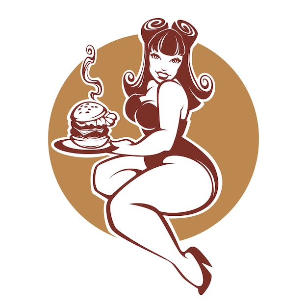 Beauty plus size pinup girl with gigantic tasty burger