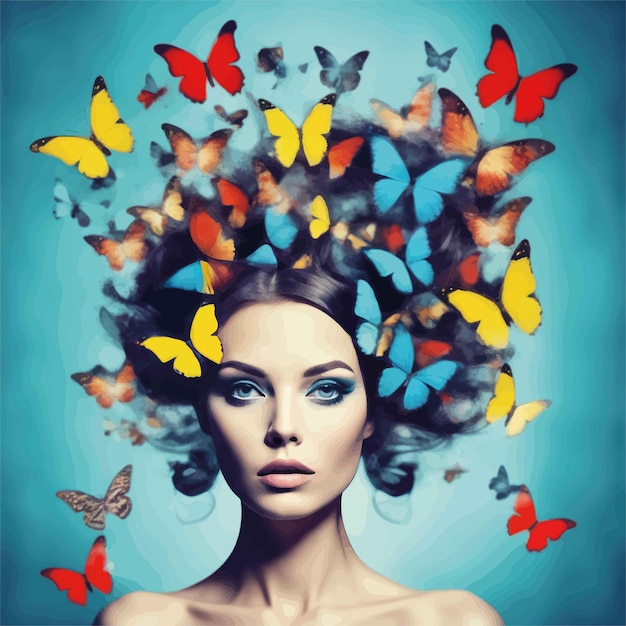 beauty portrait of beautiful woman with butterflies in hairbeauty portrait of beautiful woman with b