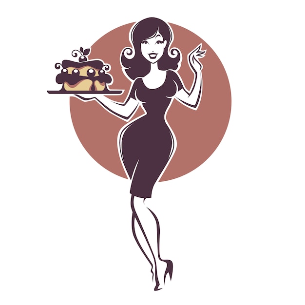 Beauty retro pinup girl holding a delicious tasty cake