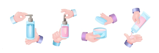 Beauty routine graphic concept hands set. Human hands holding bottles with cleansing gel, creams and skin care products. Female hygiene procedures. Vector illustration with 3d realistic objects