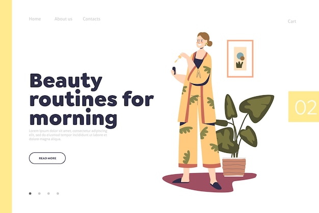 Beauty routine for morning concept of landing page with young woman applying cosmetics serum oil