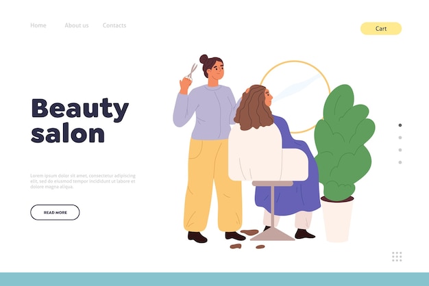 Beauty salon concept of landing page with woman hairdressing stylist cutting hair for female client