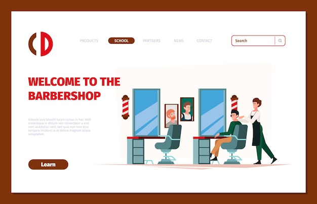 Beauty salon landing Barbershop workers using professional tools scissors razor and hairdryer garish vector business web page template with place for text