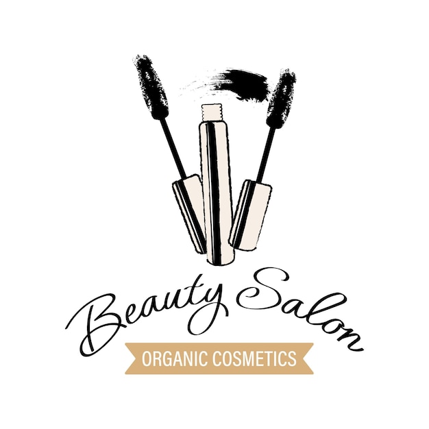 Beauty salon logo Cosmetic items mascara cosmetic brushes and lettering Hand drawn illustration