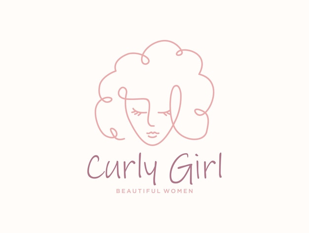 Beauty salon with curly girl line art logo design