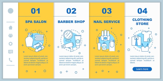 Beauty services onboarding mobile app page screen vector template Spa salon barber shop clothing store walkthrough website steps with linear illustrations UX UI GUI smartphone interface concept