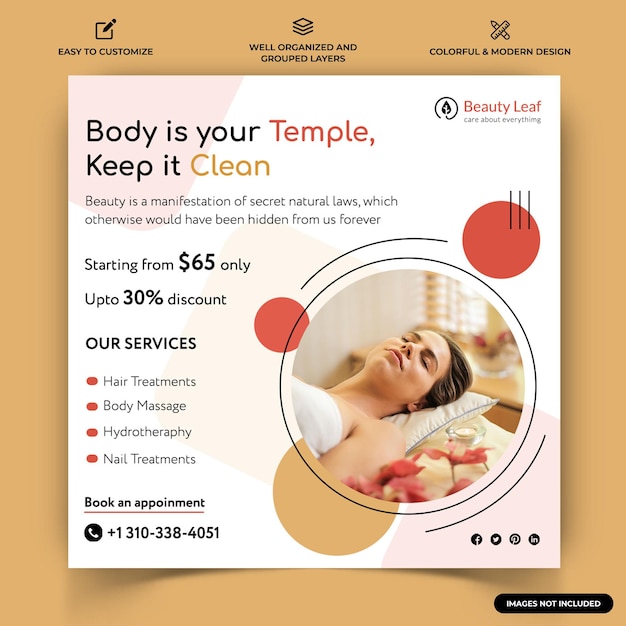 Beauty and Spa Instagram post web banner template vector Premium