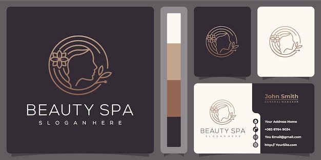 Beauty spa woman luxury monoline logo with business card template