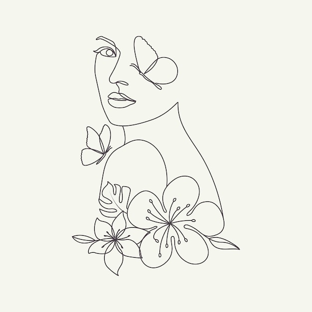 Beauty woman head with butterflies and flowers elegant line art drawing