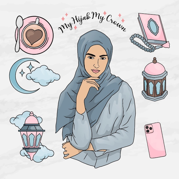 beauty woman hijab girl sticker element objects set template