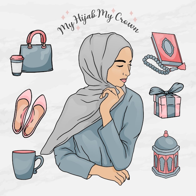 beauty woman hijab girl sticker element objects set template