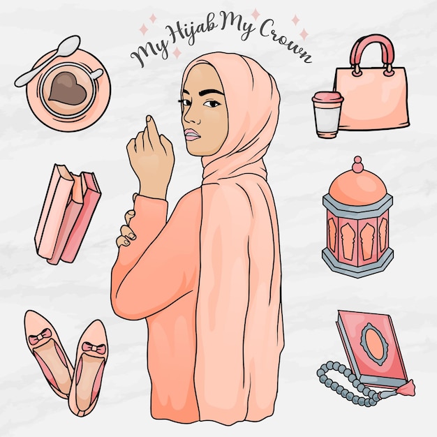 beauty woman hijab girl sticker element objects set template