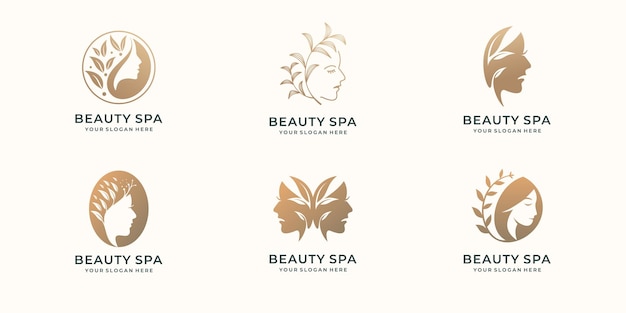 Beauty woman logo set template inspiration feminine beauty woman with gold color branding design