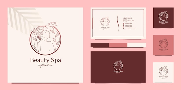 Beauty woman monoline luxury logo design and business card