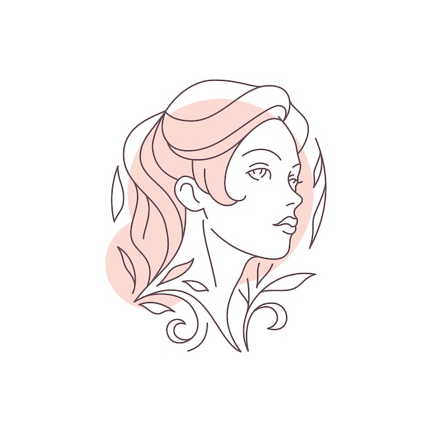 Beauty woman portrait contour silhouette with pink pastel spot minimal line art logo vector illustration Gentle female head with hair botanical leaves icon for coiffure hairdressing skincare cosmetic