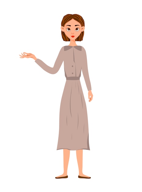 Beauty woman shows hand to side. Cartoon style.