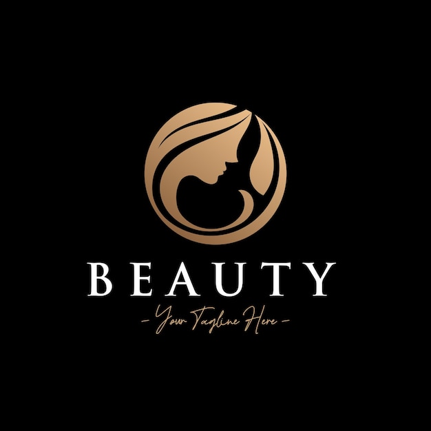 Beauty woman silhouette simple circle gold logo template