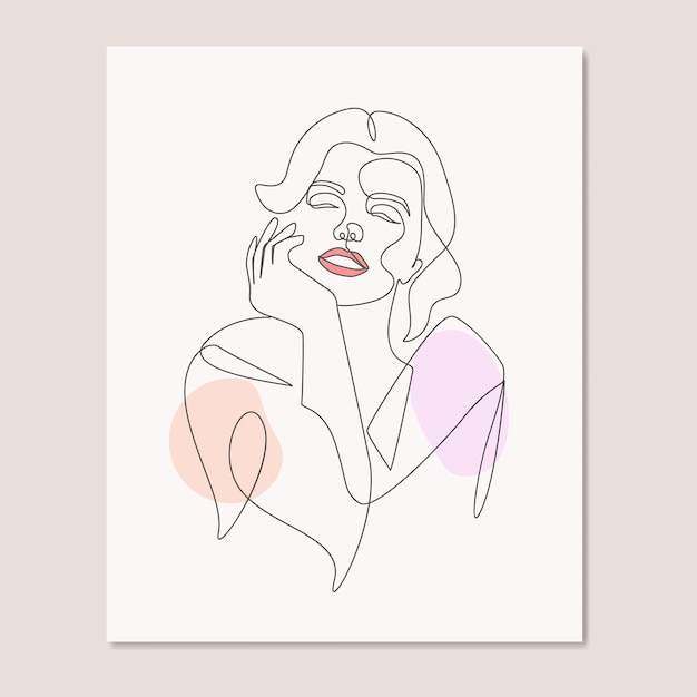 Beauty woman smiling hands close to the girls smiling face one line art drawing poster