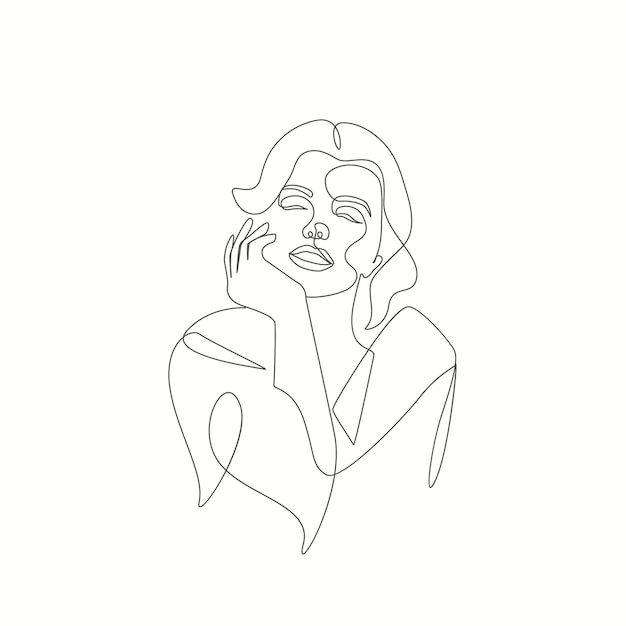 Beauty woman smiling hands close to the girls smiling face one line art drawing