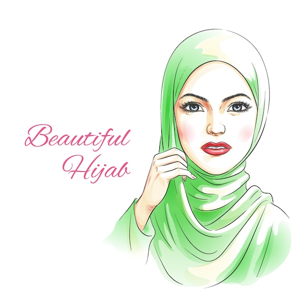 Beauty Woman with Hijab Watercolor Hand Drawing