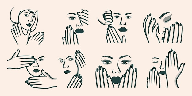 Beauty women icon set logo design combination hand and women logo for nails polish salon and SPA