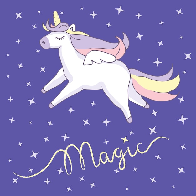 Beautyful unicorn On violet blue color night sky background with stars Vector illustration