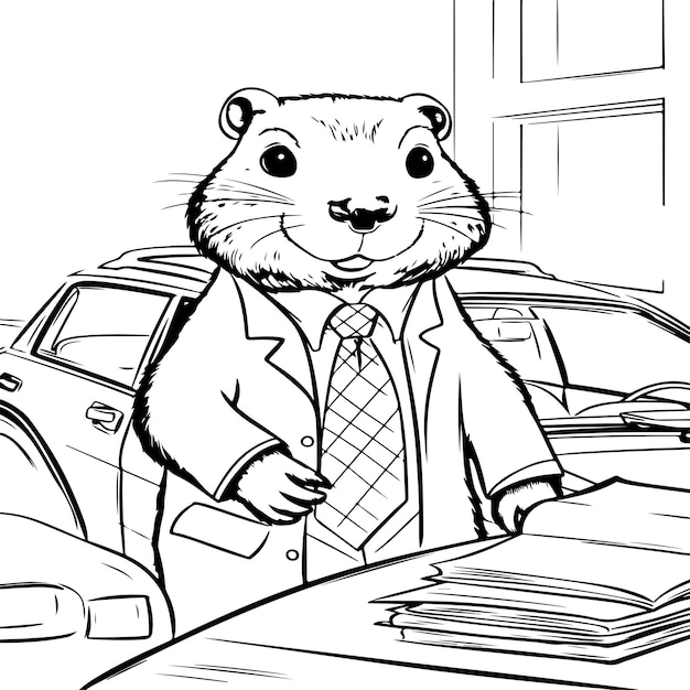 Vector a beaver at a car coloring page