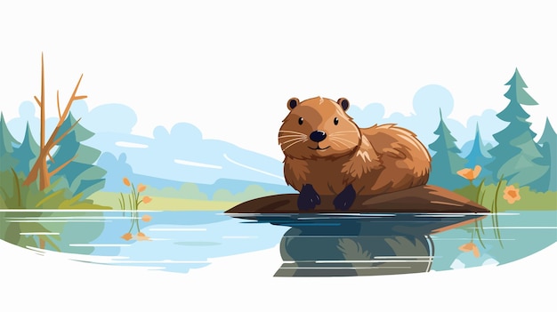 Vector a beaver is swimming in the water and the reflection of the trees in the water