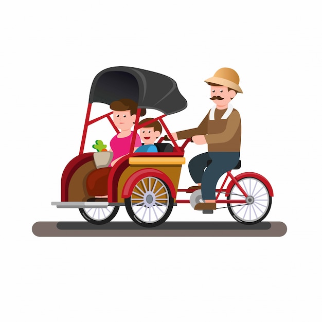 Becak or trickshaw indonesian traditional public transportation with passenger in cartoon flat illustration isolated in white background