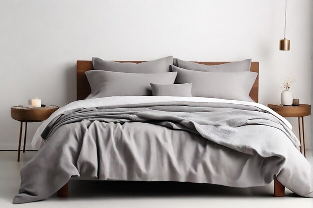 a bed with a gray comforter and a white comforter