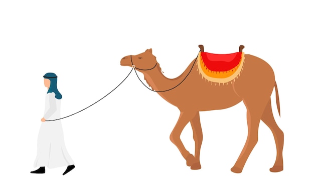 Bedouin with camel. Man is going with camel. Vector illustration.