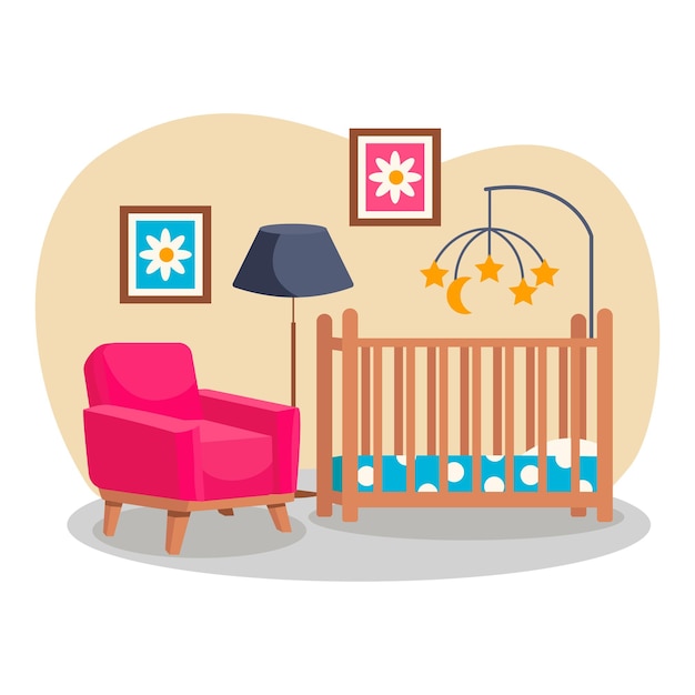 Vector bedroom interior. children's room. vector, no background. cradle, armchair, paintings, lamp, etc