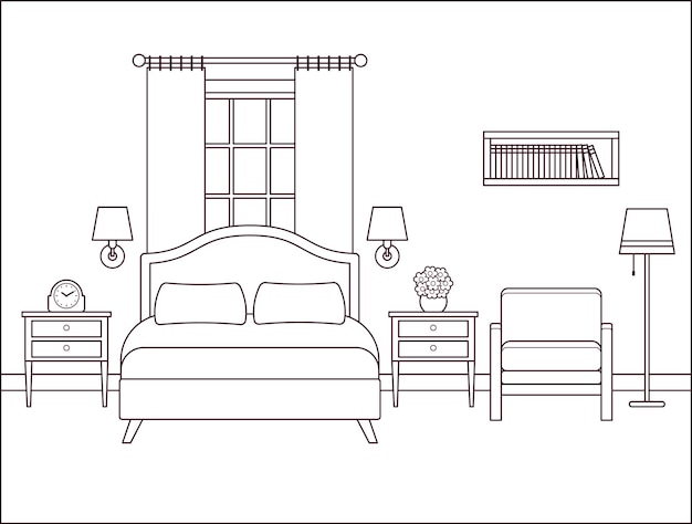 Bedroom interior. Hotel room with double bed. Vector illustration.