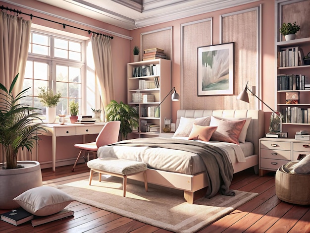 Bedroom Interior with Pink Walls and a Large Window